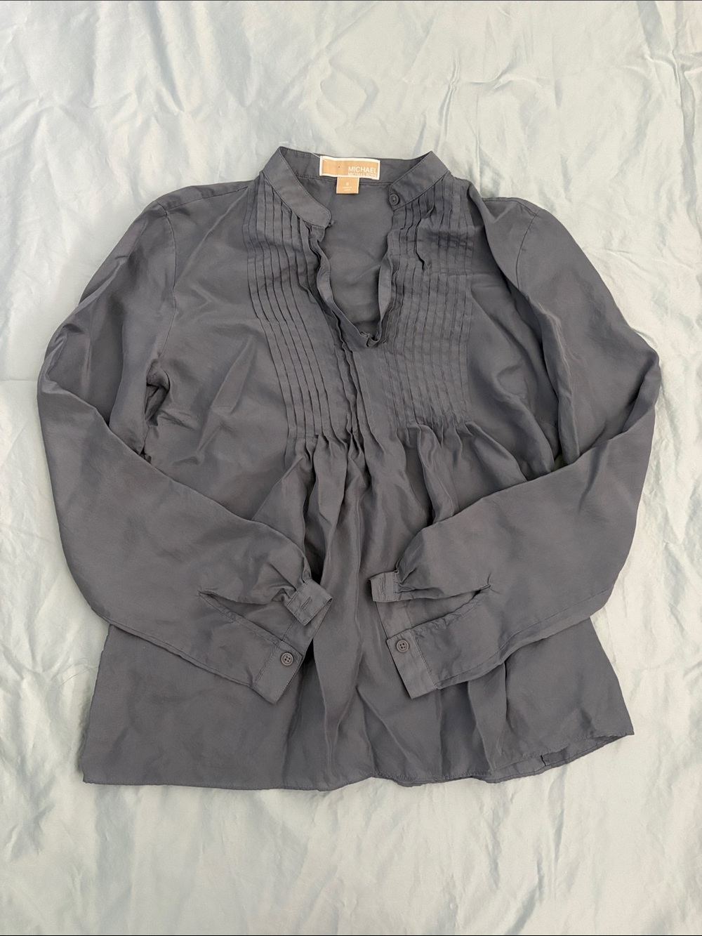 Michael Kors Steel Blue Pintuck Long Sleeve Blouse
